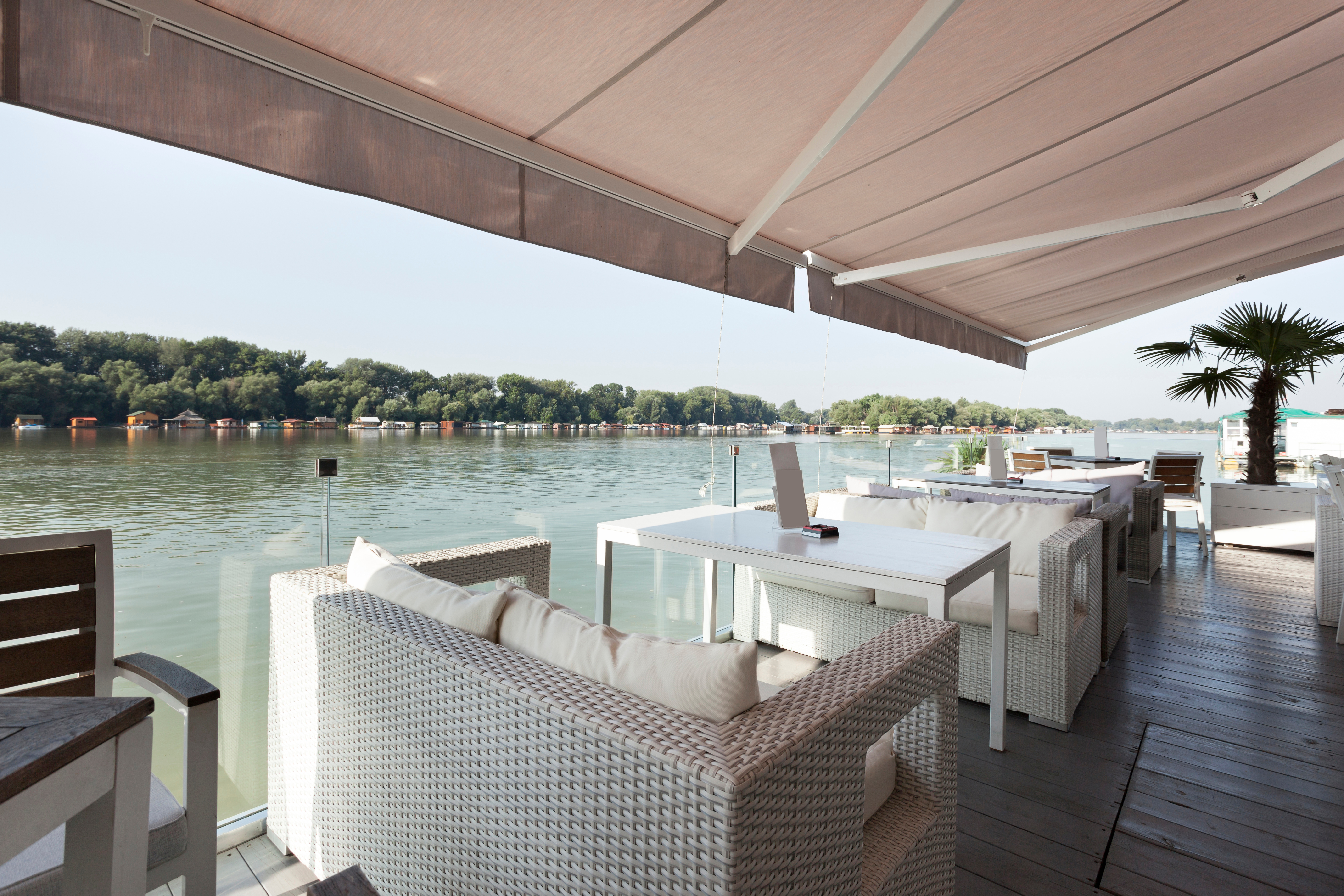 Modern riverside cafe terrace